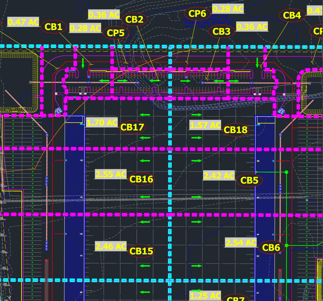 Drainage area map of a warehouse site: areas CB1 through CB18 outlined in magenta and cyan, each tagged with its acreage.