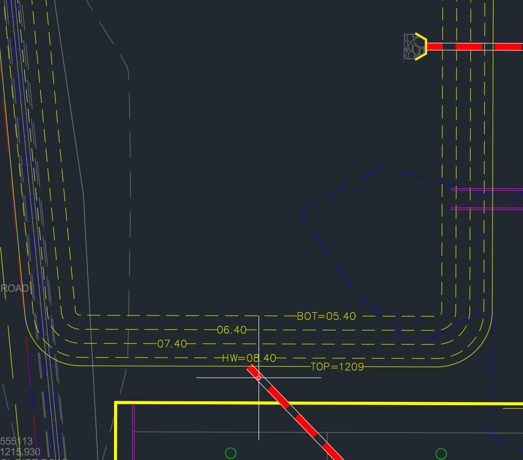 Corner of a basin in plan: dashed contours labeled BOT=05.40, 06.40, 07.40, HW=08.40 and TOP=1209.