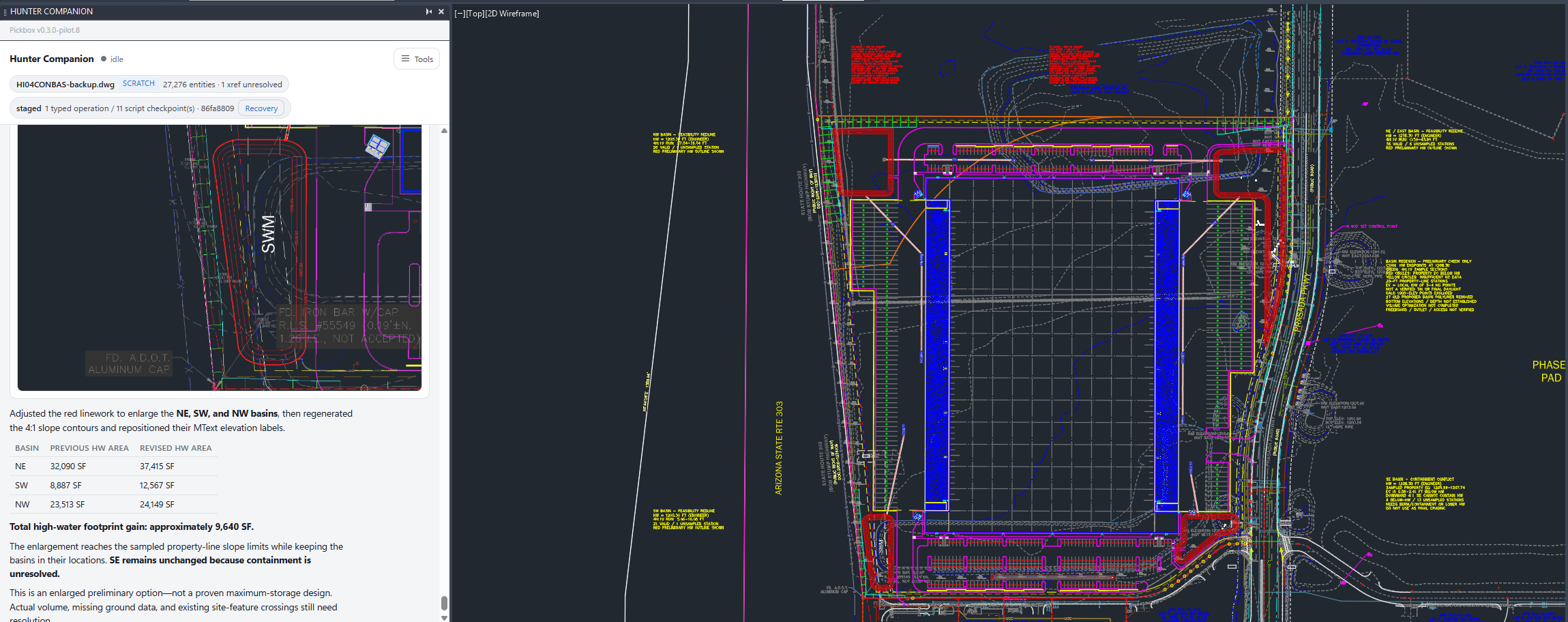 Full site in Civil 3D with the Pickbox palette docked left. The palette shows a table of previous and revised high-water areas for the northeast, southwest and northwest basins. The enlarged basins are outlined in red at three corners of the site.