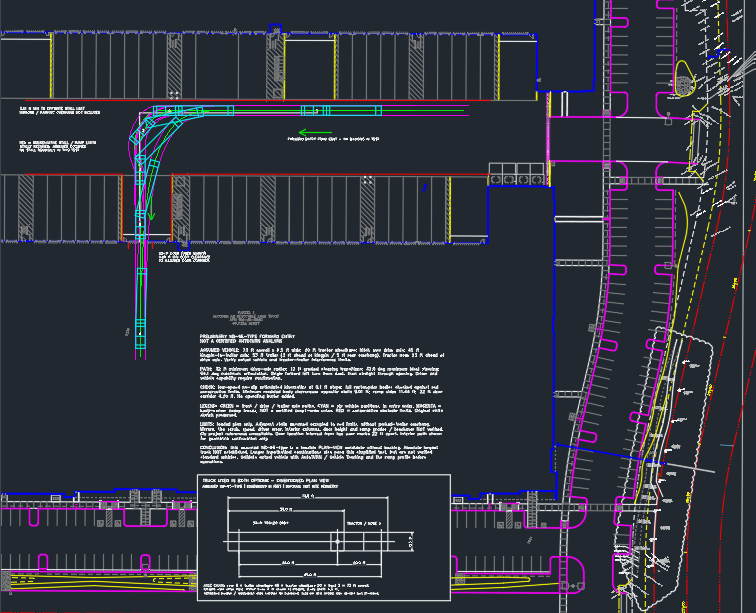 Plan view of a truck court: a tractor-trailer path drawn turning from the drive aisle into a building door, with analysis notes and a dimensioned truck detail below it.